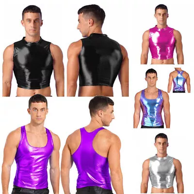 Buy UK Men's Faux Leather Tank Top Silm Sport Vest Sleeveless Shirts Shiny Clubwear • 7.99£
