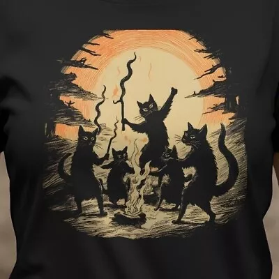 Buy Black Cat Dance Around Bonfires Spooky Witchcraft Halloween Unisex T-Shirt • 17.73£