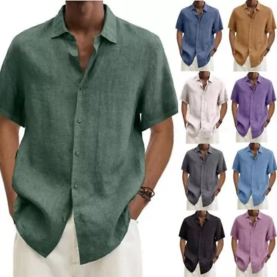 Buy Men Cotton Linen T Shirt Men's Plain Casual Short Sleeve Button Summer Tee Tops • 11.30£