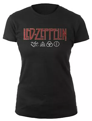 Buy Official Led Zeppelin Logo & Symbols Ladies Black T Shirt Led Zeppelin Tee • 15£