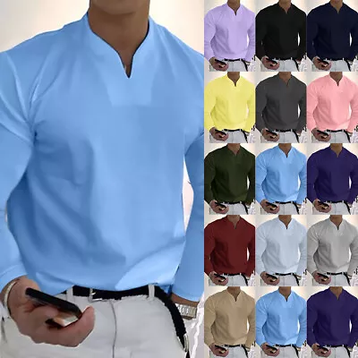 Buy Mens Casual Shirt Long Sleeve Collarless Shirts Plain Formal Blouse Tops T-Shirt • 11.89£