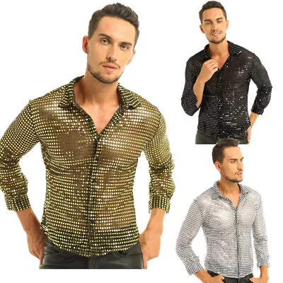 Buy UK Men's Shiny Sequins Shirt Button Down 70s Disco Long Sleeve T-Shirt Costumes • 6.22£