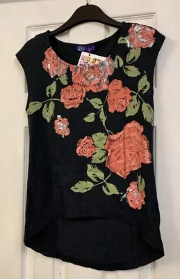 Buy Black Floral Rose Rock Chick T-shirt Top AJC BNWT • 7.99£