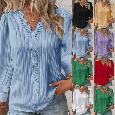 Buy Womens V Neck Summer Ladies T-Shirt Blouse Long Sleeve Tops Pullover Plus Size • 9.55£