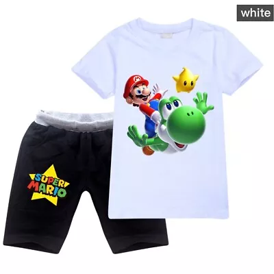 Buy Kids Super Mario Yoshi Printed Casual Short Sleeved T-shirt Top+shorts • 17.69£