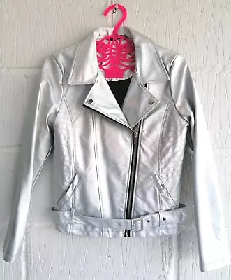 Buy 💕George Kids 11-12 Years Silver Iridescent Biker Jacket Belt Zip • 18.50£