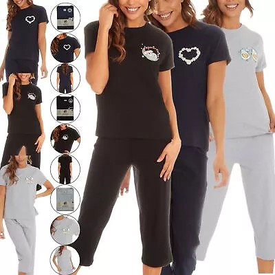 Buy Ladies Capri Pyjamas Cropped Pyjama Set Womens Jersey Night Sleep Wear Set 8-22 • 7.99£