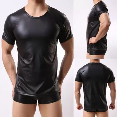 Buy Show Your Confidence With This Black Leather Round Neck Tshirt For Men • 14.82£