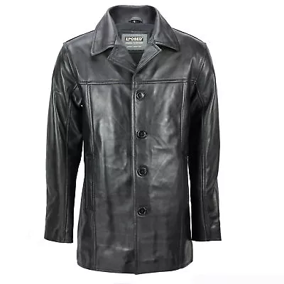Buy Mens Real Leather Mid 3/4 Length Vintage Smart Casual Button Black Reefer Jacket • 129.99£