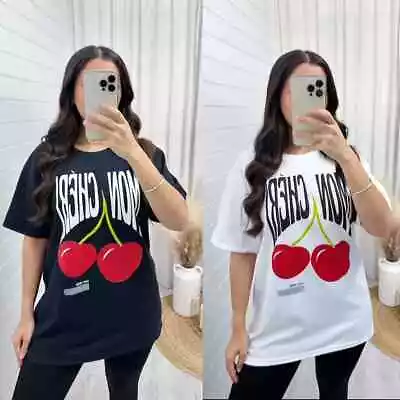 Buy Womens T Shirt Ladies Oversized Baggy Fit Mon Cheri Cherry Slogan T-shirt Tops • 7.99£