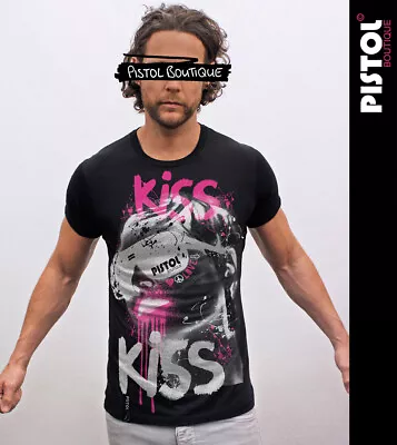 Buy Pistol Boutique Mens Fitted Black Crew Neck KISS GRAFFITI PINK LIPS GIRL T-shirt • 24.99£