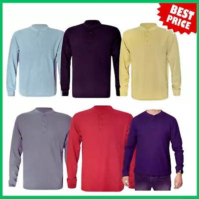 Buy Men's Long Sleeve Plain Henley T-shirts With Grandad Collar Top Soft Wash (2208) • 9.99£