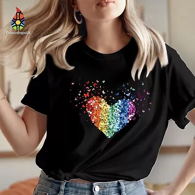 Buy TSHIRT (3542) Rainbow Butterfly Pride Love Heart Gay Pride Month LGBTQ T-Shirt • 5.99£