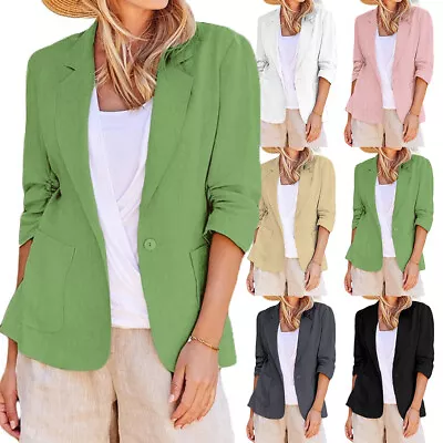 Buy Ladies Cotton Linen Jacket Casual Suit OL Work Collar Button Blazer Daily Coat • 20.99£