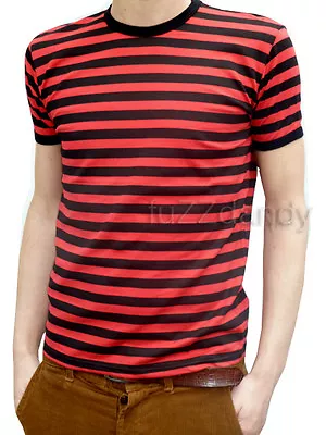 Buy MENS Stripey Retro Tee Tshirt Red Black Indie Mod Sailor NEW Striped Punk 60s • 16.25£