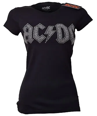 Buy AC DC T Shirt Logo Diamante Official Ladies  Skinny Sparkly Embellished NEW • 15.95£