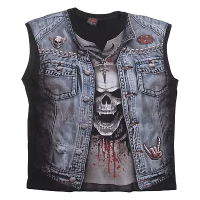 Buy SPIRAL Mens Biker T-Shirt Black Sleeveless XL • 11.99£