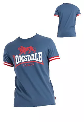 Buy Lonsdale T-Shirt Kergord Classic Logo Lion Blue Red White 100% Cotton • 24.90£