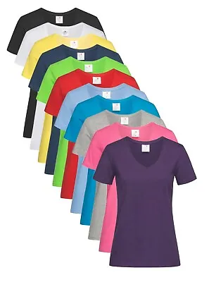 Buy Womans Ladies Womens Fit Plain Cotton Short Sleeve Vee V-Neck Tee T-Shirt Tshirt • 4.99£