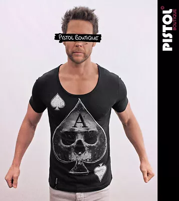 Buy Pistol Boutique Men's Fitted Black Round Scoop Neck ACE OF SPADES SKULL T-shirt • 29.99£