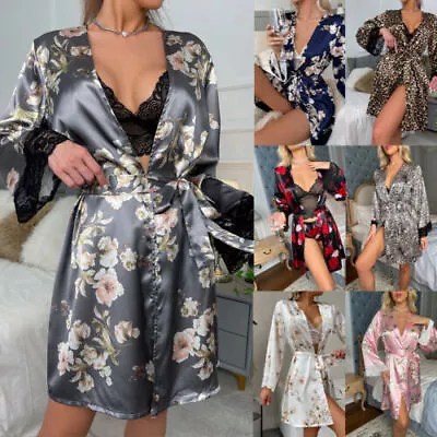 Buy Womens Satin Silk Floral Dressing Gown Bathrobe Nightwear Pyjamas Loungewear PJs • 10.59£