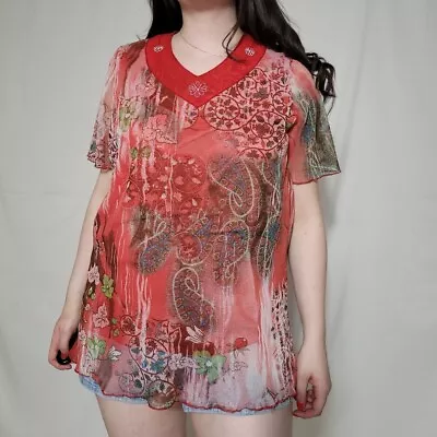 Buy Vintage Y2K Womens Red Floral Mesh T Shirt Top UK16 Fairy Summer Boho Retro  • 26£