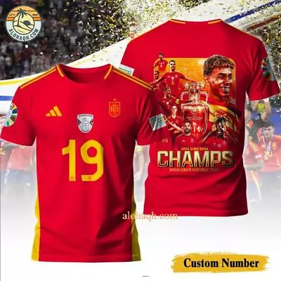 Buy UEFA Euro 2024 Champs Spain Men’s National Team Custom Number 3D T-Shirt • 28£