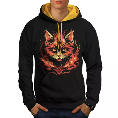 Buy Wellcoda Fiery Cat Face Burning In Flames Mens Contrast Hoodie • 32.99£