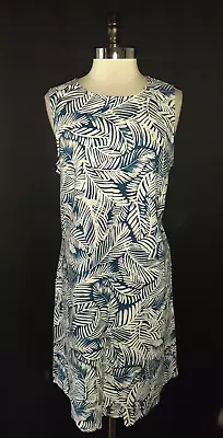 Buy ANNE KLEIN Size 14 Shift Dress Blue White Leaves Sleeveless Knee Length • 37.33£