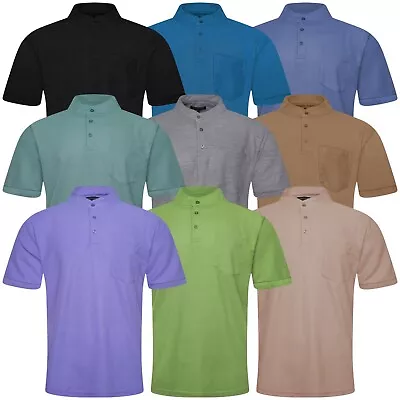 Buy Mens Polo Shirt Short Sleeve Henley Grandad Collar Pique Plain Casual Button Top • 5.99£