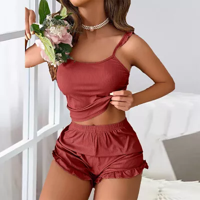 Buy Sexy Ladies Pyjamas Shorty Ruffles Nightwear Short Sleeveless Set Pjs Loungewear • 11.09£