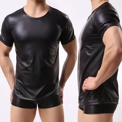 Buy Show Your Confidence With This Black Leather Round Neck Tshirt For Men • 14.06£