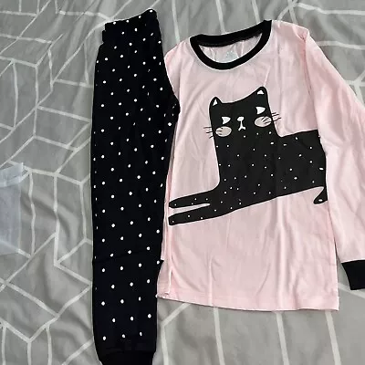 Buy CUTE CAT PRINT PYJAMAS PJS--PINK & BLACK--AGE 6 YEARS-New • 5.99£