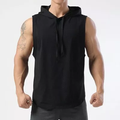 Buy Trendy Men's Sleeveless Hoodie Tank Top Gym Workout Bodybuilding Vest Black • 9.90£