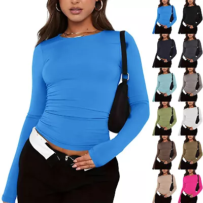 Buy Women's Basic Long Sleeve Tops Slim Fit Stretchy Crew Neck T-Shirt Plain • 8.51£