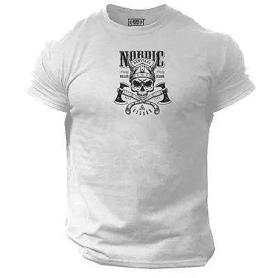 Buy Axes & Skull T Shirt Gym Clothing Bodybuilding Vikings Nordic Asgard Gymwear Top • 6.99£