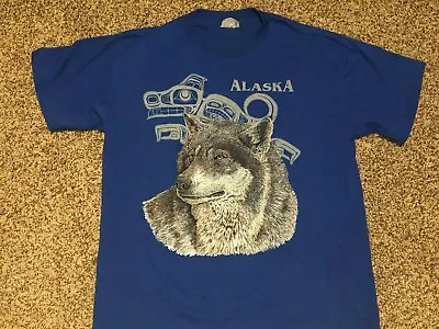 Buy ALASKA Vtg 80s Wild Wolf PRINT ALL OVER Tourist Thunderbird 50/50 T Shirt M/L • 11.66£
