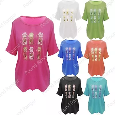 Buy Ladies Womens Batwing Shiny Floral Baggy Oversized Loose Fit Round Neck Tee Top • 8.49£