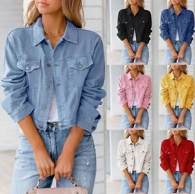 Buy Womens Denim Jacket Womens Coat Color Plain Top Button Up Ladies Short Jean Top • 17.99£