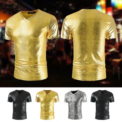 Buy Mens Faux Leather T-Shirt Tops Shiny Metallic Tops Party Tees Dancing Nightclub • 15.23£