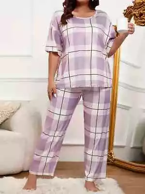 Buy Pyjama Set Plus 18 20 22 24 26 28 White Lilac Plaid Stretch Loungewear Comfort • 12.50£