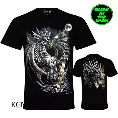 Buy New WILD  Men Gothic T-shirt Dragon With Sword Glow In Dark Both Side Print  • 12.99£