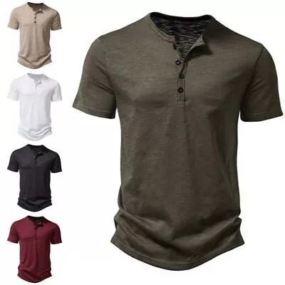 Buy Mens Summer T Shirt Plain Short Sleeve Henley Casual Pullover Loose Top Blouse • 12.89£