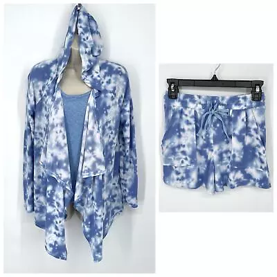 Buy Roudelain NWT 3 Pc PJ Set Sleepwear Hooded Robe Shirt & Shorts Size S Blue White • 35.70£