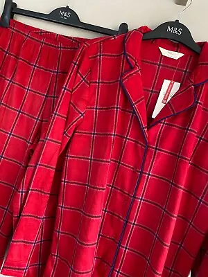 Buy Ladies M&s Size 12 14 - Medium Red Mix Tartan Super Soft Fleece Stretch Pyjamas • 17.99£