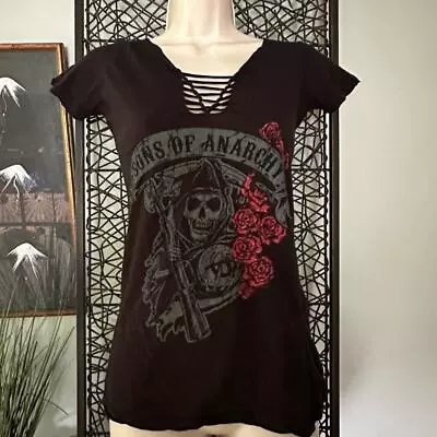 Buy SONS OF ANARCHY Womens T-Shirt Black Logo Grim Reaper Roses Lace Up Cotton | S • 13.99£