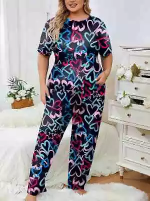 Buy Pyjama Set Plus  20 22 24 26  Black Multicolour Heart Stretch Loungewear Comfort • 10.90£
