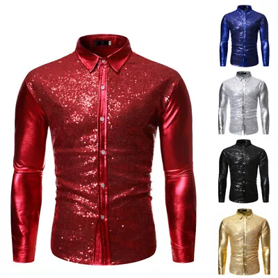 Buy Mens Sequin Shirt Long Sleeve Shiny Button Tops Party Nightclub Dance T-Shirt UK • 15.88£
