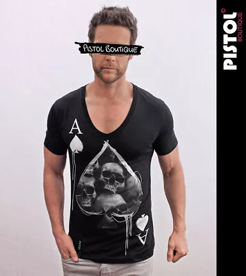 Buy Pistol Boutique Men's Fitted Black Deep V Neck ACE OF SPADES SKULLS T-shirt • 24.99£