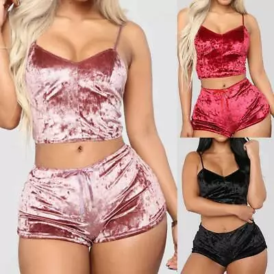 Buy Womens Sexy Velvet Pajamas Bra Set Vest Crop Tops Shorts Nightwear Lingerie PJs • 7.59£